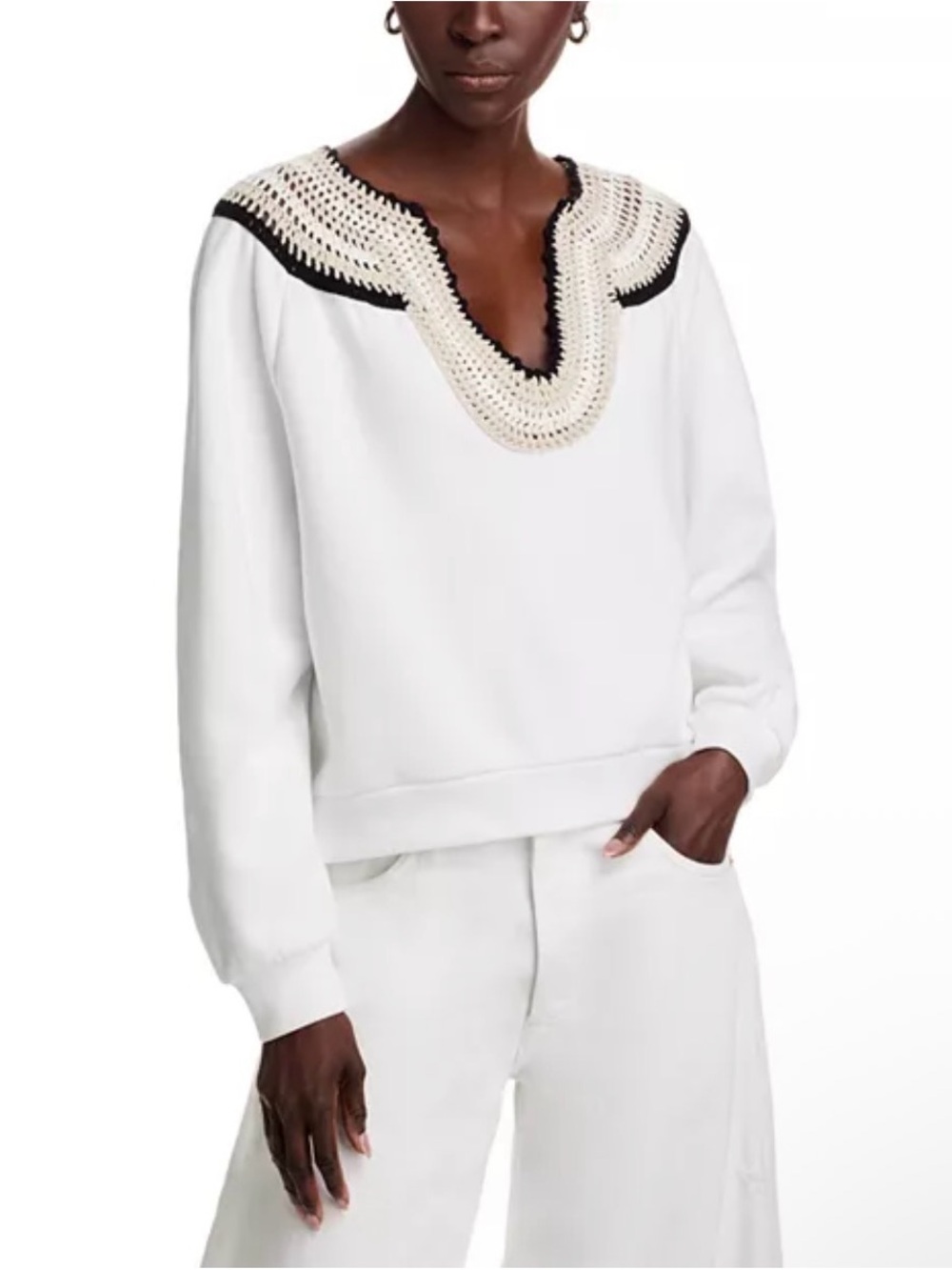 Mes Demoiselles Crochet V-Neck Knit Trimmed Sweatshirt 0